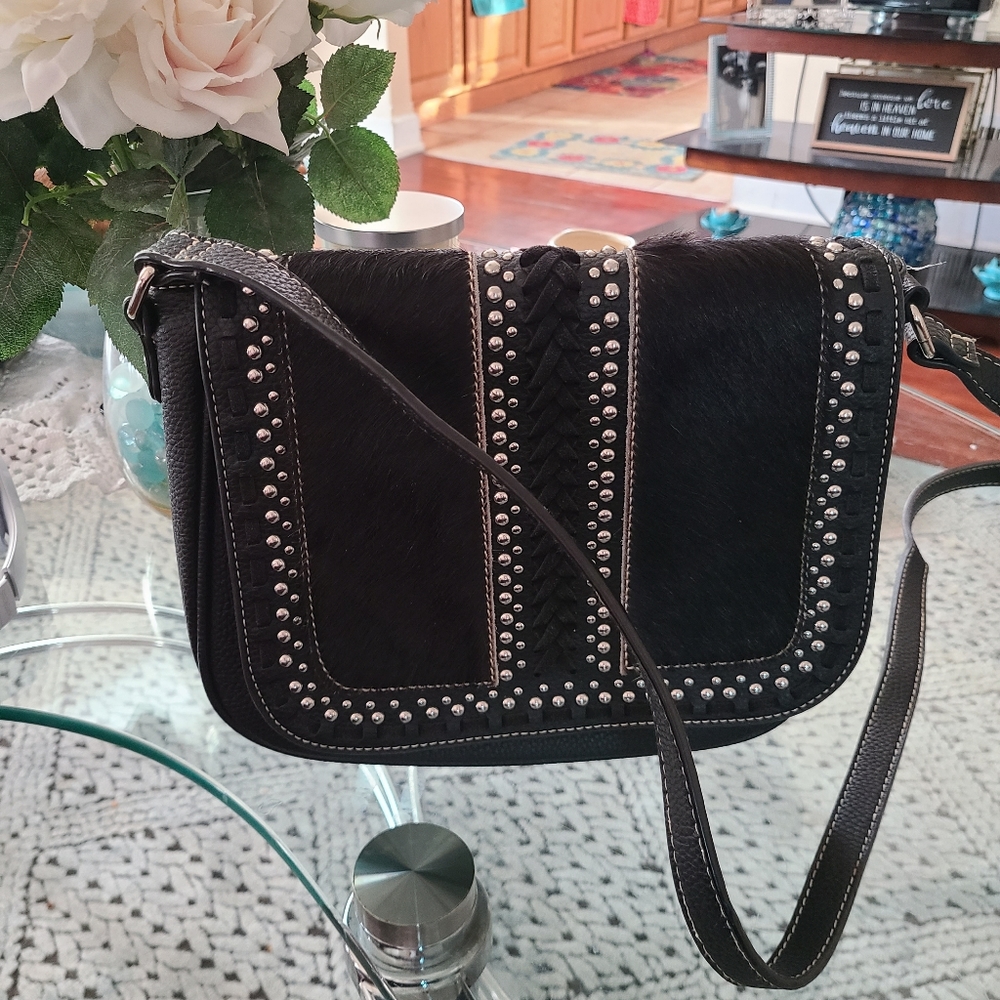 Trinity Ranch Black Leather/Fur Crossbody Purse